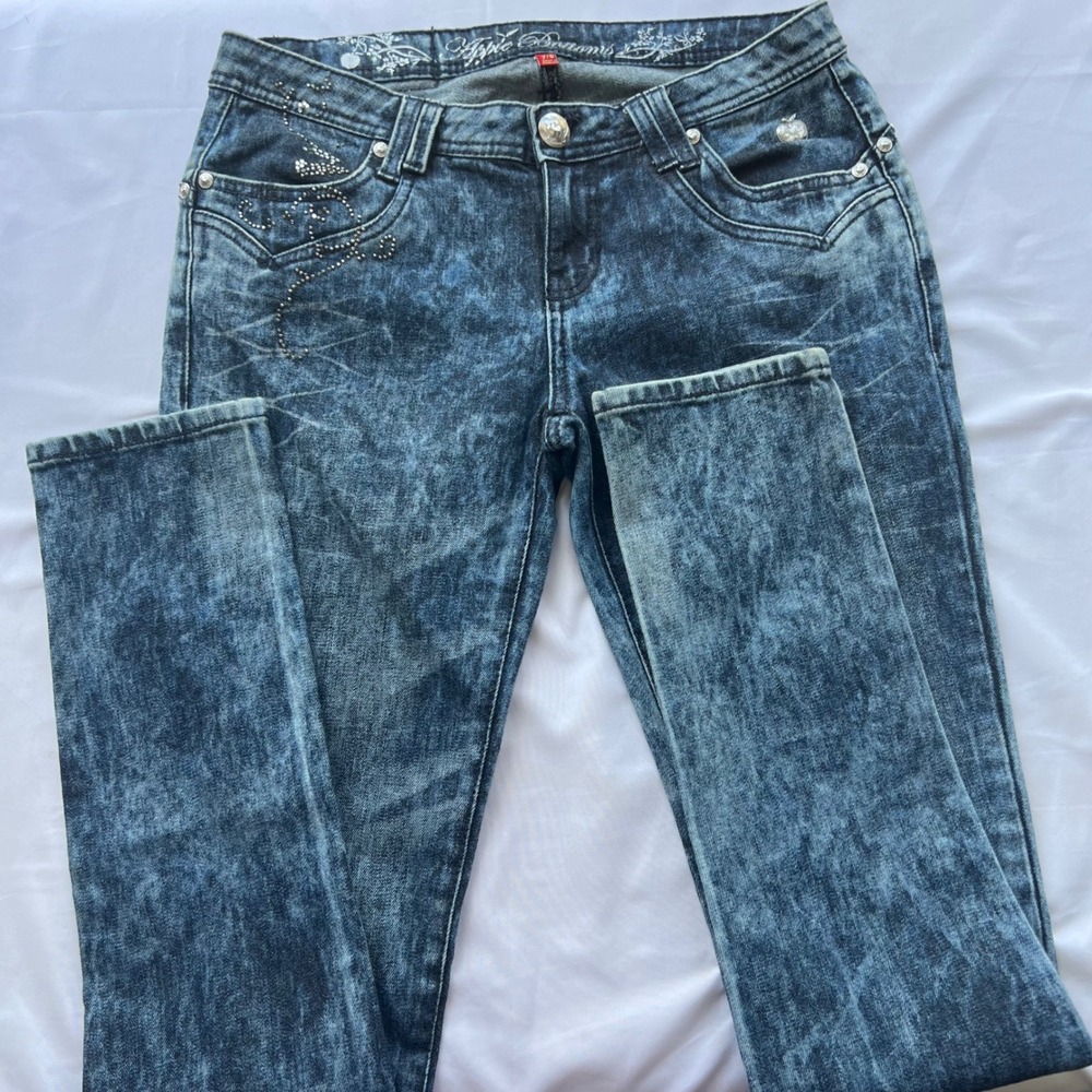 Apple Bottoms Acid Wash Jeans Rhinestone Embellished Denim Pants Size 7/8 Skinny